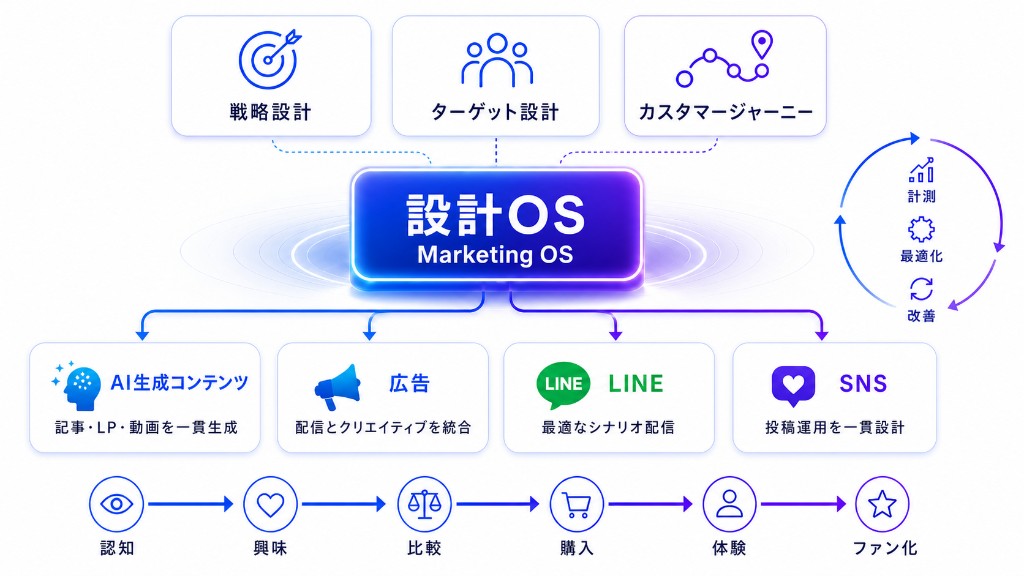 中央の設計OSを核に、戦略設計・ターゲット設計・カスタマージャーニーとつながり、AI生成コンテンツ・広告・LINE・SNSへ展開。計測・最適化・改善のサイクルと認知からファン化までのジャーニーが描かれたマーケティングOSの図解