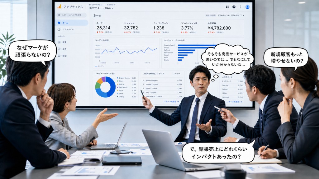 GA4のダッシュボードを大画面に映し指標の下落を確認しながら、マーケへの不満や新規獲得のプレッシャー、売上インパクトへの疑問、商品・サービス起因への戸惑いなどを吹き出しで表現した会議シーン