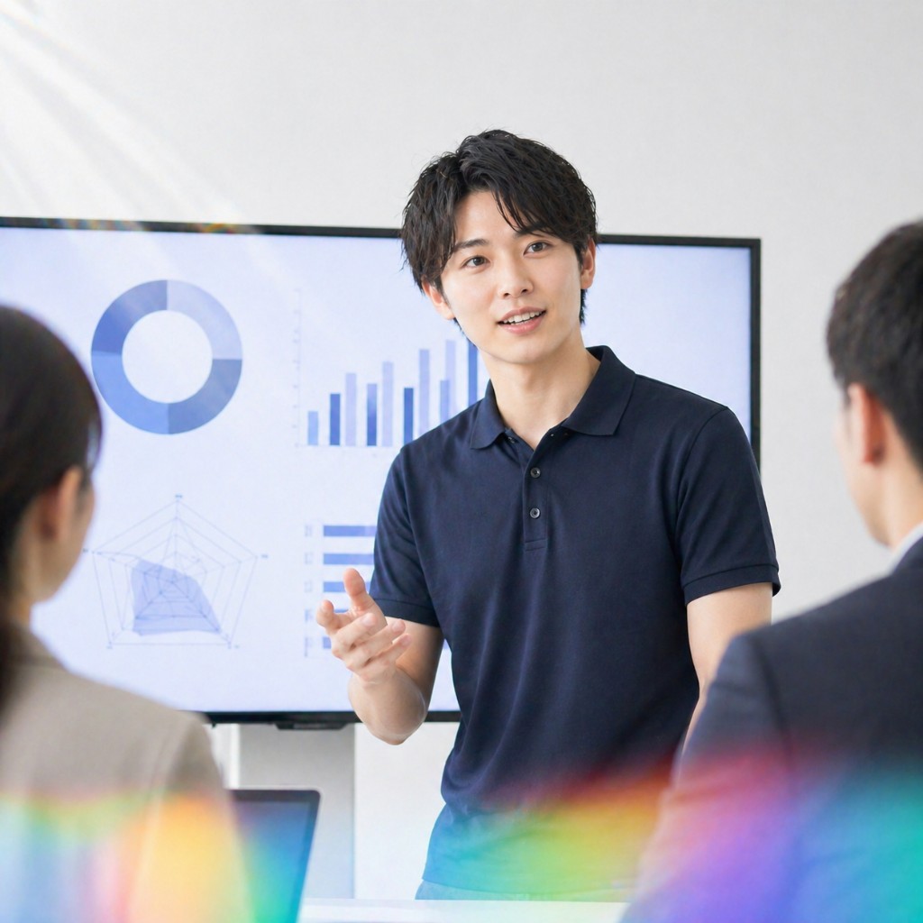 グラフやチャートを表示したモニターの前で説明するビジネスパーソン