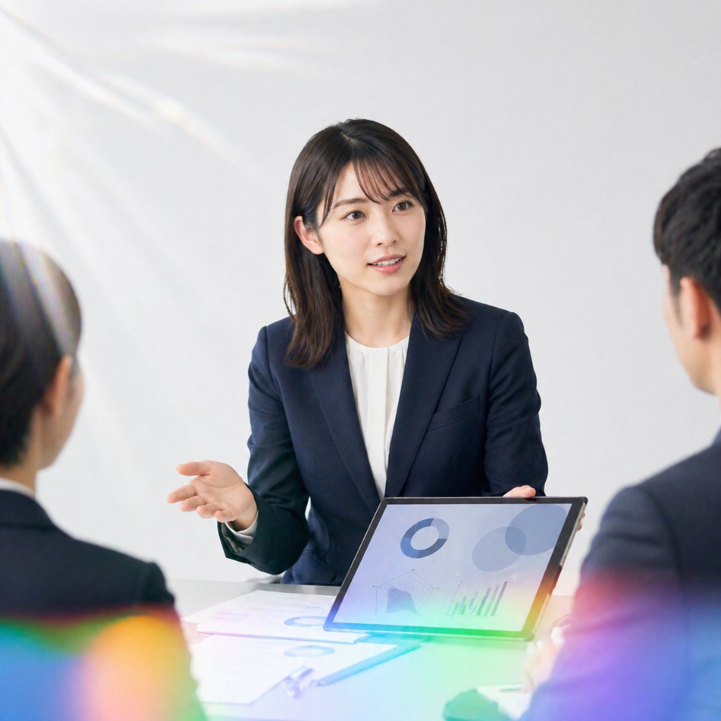 タブレットのデータ資料を示しながら打ち合わせするビジネスチーム