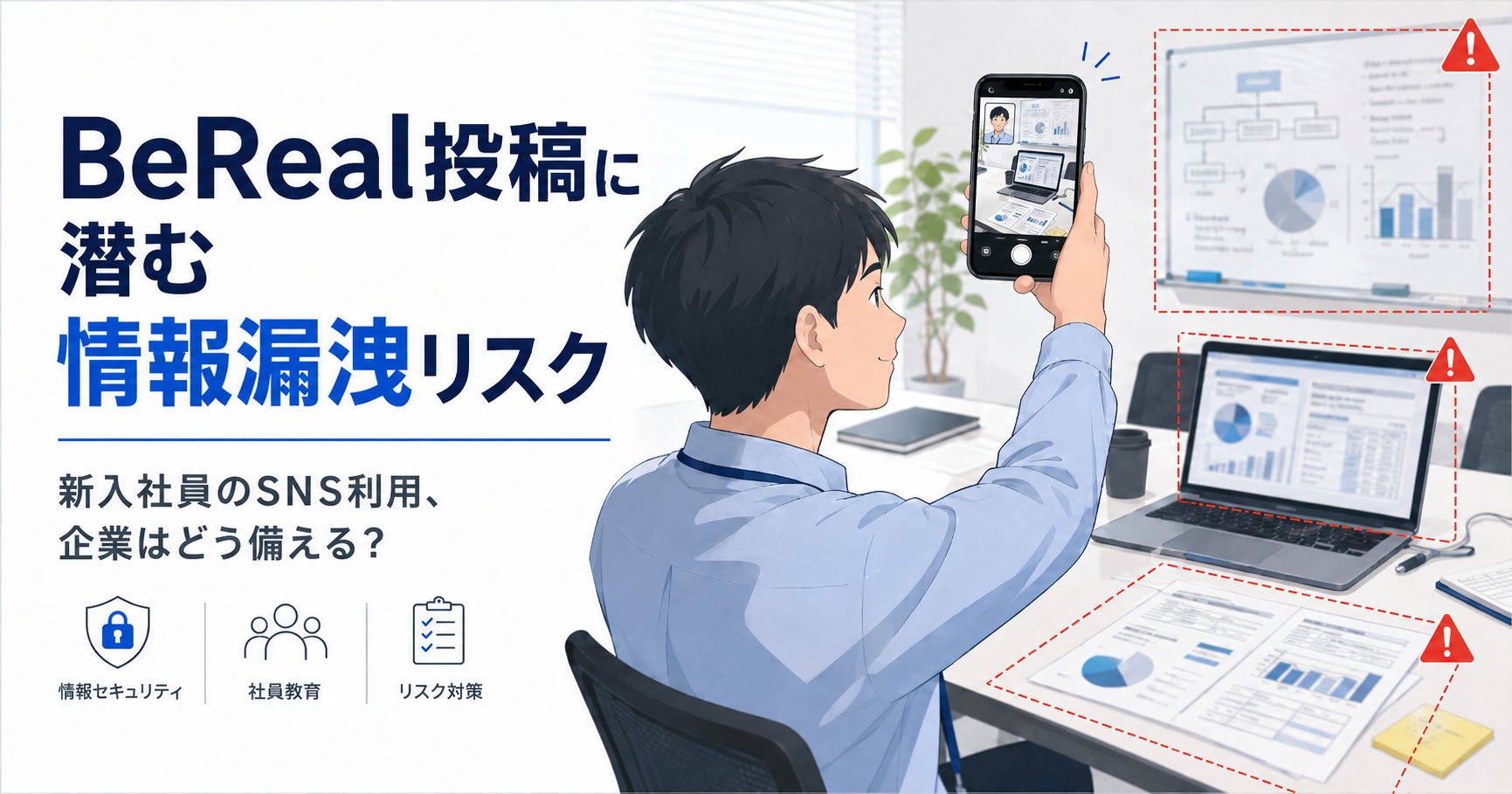 新入社員がBeRealでうっかり社内の機密情報を写して投稿しそうになっている様子